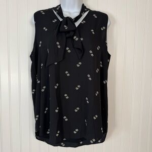 Ann‎ Taylor Blouse Women's Medium Black Floral Bow Neck Shell Sleeveless